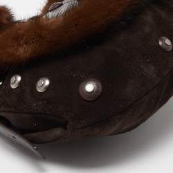 Pre Owned Yves Saint Laurent Dark Brown Suede, Leather and Mink Fur Studded Flap Hobo