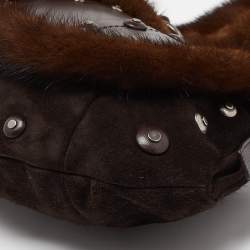 Pre Owned Yves Saint Laurent Dark Brown Suede, Leather and Mink Fur Studded Flap Hobo