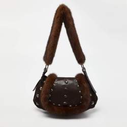 Pre Owned Yves Saint Laurent Dark Brown Suede, Leather and Mink Fur Studded Flap Hobo