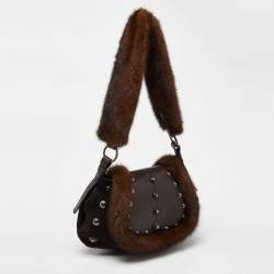 Pre Owned Yves Saint Laurent Dark Brown Suede, Leather and Mink Fur Studded Flap Hobo