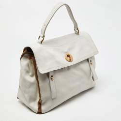 Pre Owned Yves Saint Laurent White/Brown Leather and Suede Large Muse Two Top Handle Bag