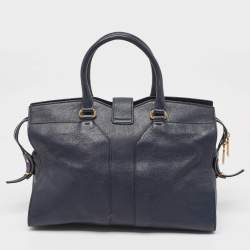 Pre Owned Yves Saint Laurent Navy Blue Leather Medium Cabas Chyc Tote