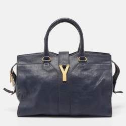 Pre Owned Yves Saint Laurent Navy Blue Leather Medium Cabas Chyc Tote