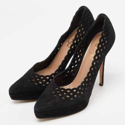 Pre Owned  Yves Saint Laurent Black Cut Out Suede Platform Pumps Size 38.5