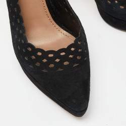 Pre Owned  Yves Saint Laurent Black Cut Out Suede Platform Pumps Size 38.5