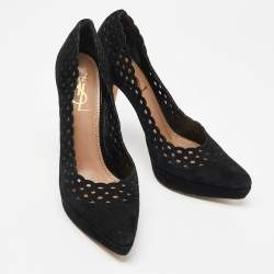 Pre Owned  Yves Saint Laurent Black Cut Out Suede Platform Pumps Size 38.5