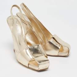 Pre Owned Yves Saint Laurent Gold Leather Cut Out Slingback Pumps Size 38