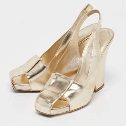 Pre Owned Yves Saint Laurent Gold Leather Cut Out Slingback Pumps Size 38