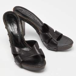 Pre Owned Yves Saint Laurent Black Leather Open Toe Studded Heel Slide Sandals Size 40