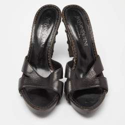 Pre Owned Yves Saint Laurent Black Leather Open Toe Studded Heel Slide Sandals Size 40