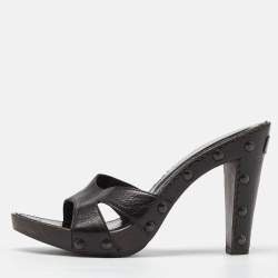 Pre Owned Yves Saint Laurent Black Leather Open Toe Studded Heel Slide Sandals Size 40