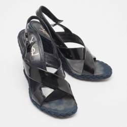 Yves Saint Laurent Black Patent Leather Slingback Wedge Sandals Size 37