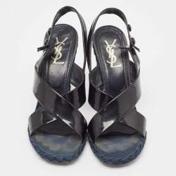 Yves Saint Laurent Black Patent Leather Slingback Wedge Sandals Size 37