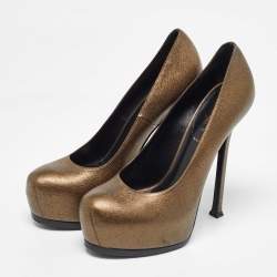 Pre Owned Yves Saint Laurent Gold Leather Tribtoo Platform Pumps Size 39