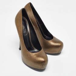 Pre Owned Yves Saint Laurent Gold Leather Tribtoo Platform Pumps Size 39