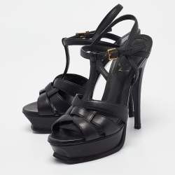 Pre Owned Yves Saint Laurent Black Leather Tribute Sandals Size 37