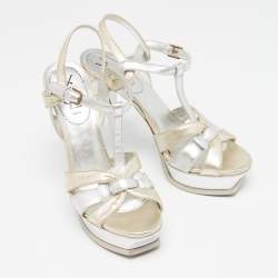 Pre Owned Yves Saint Laurent Silver Leather Tribute Sandals Size 39.5