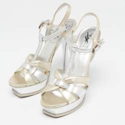 Pre Owned Yves Saint Laurent Silver Leather Tribute Sandals Size 39.5