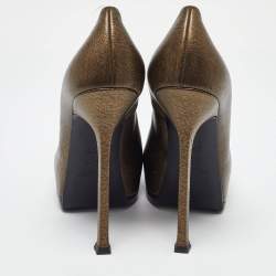 Pre Owned Yves Saint Laurent Gold/Black Textured Leather Tribtoo Pumps Size 37.5