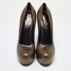 Pre Owned Yves Saint Laurent Gold/Black Textured Leather Tribtoo Pumps Size 37.5