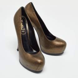 Pre Owned Yves Saint Laurent Gold/Black Textured Leather Tribtoo Pumps Size 37.5