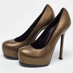 Pre Owned Yves Saint Laurent Gold/Black Textured Leather Tribtoo Pumps Size 37.5