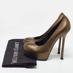 Pre Owned Yves Saint Laurent Gold/Black Textured Leather Tribtoo Pumps Size 37.5