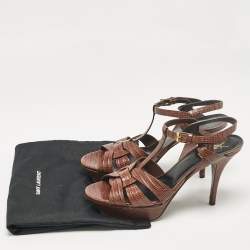 Pre Owned Yves Saint Laurent Brown Lizard Embossed Leather Tribute Ankle Strap Sandals Size 40