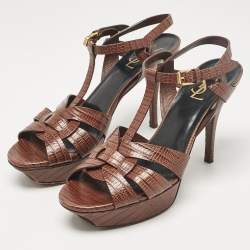 Pre Owned Yves Saint Laurent Brown Lizard Embossed Leather Tribute Ankle Strap Sandals Size 40