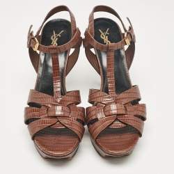 Pre Owned Yves Saint Laurent Brown Lizard Embossed Leather Tribute Ankle Strap Sandals Size 40