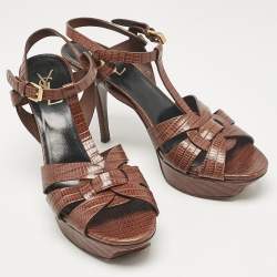 Pre Owned Yves Saint Laurent Brown Lizard Embossed Leather Tribute Ankle Strap Sandals Size 40