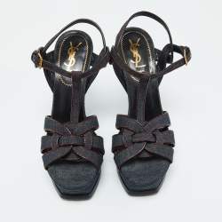 Yves Saint Laurent Blue Denim and Leather Platform Sandals Size 38.5