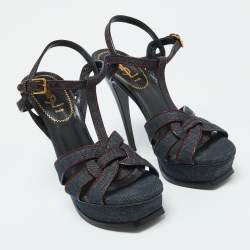 Yves Saint Laurent Blue Denim and Leather Platform Sandals Size 38.5