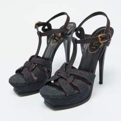 Yves Saint Laurent Blue Denim and Leather Platform Sandals Size 38.5