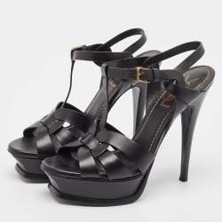 Yves Saint Laurent Black Leather Tribute Ankle Strap Sandals Size 37