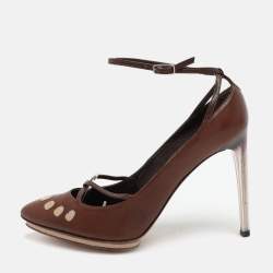 Yves Saint Laurent Brown Leather Ankle Strap Pumps Size 37.5