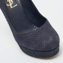 Pre Owned Yves Saint Laurent Navy Blue Python Leather Platform Pumps 37.5