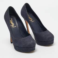 Pre Owned Yves Saint Laurent Navy Blue Python Leather Platform Pumps 37.5
