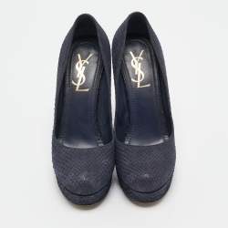 Pre Owned Yves Saint Laurent Navy Blue Python Leather Platform Pumps 37.5