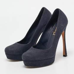 Pre Owned Yves Saint Laurent Navy Blue Python Leather Platform Pumps 37.5