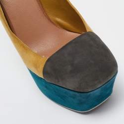 Yves Saint Laurent Yellow/Grey Suede Platform Slingback Pumps Size 37.5