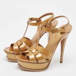 Pre Owned Yves Saint Laurent Gold Patent Leather Tribute Sandals Size 37