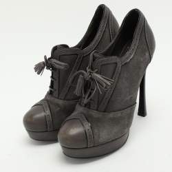 Yves Saint Laurent Grey Brogue Leather and Suede Janis Booties Size 37.5