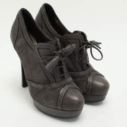 Yves Saint Laurent Grey Brogue Leather and Suede Janis Booties Size 37.5