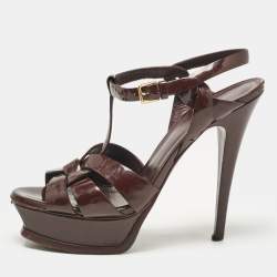 Yves Saint Laurent Dark Burgundy Patent Leather Tribute Sandals Size 37.5