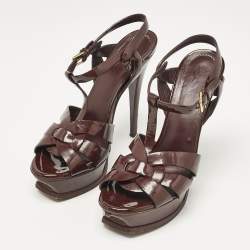 Yves Saint Laurent Dark Burgundy Patent Leather Tribute Sandals Size 37.5