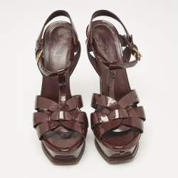 Yves Saint Laurent Dark Burgundy Patent Leather Tribute Sandals Size 37.5