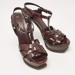 Yves Saint Laurent Dark Burgundy Patent Leather Tribute Sandals Size 37.5