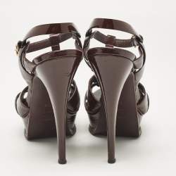 Yves Saint Laurent Dark Burgundy Patent Leather Tribute Sandals Size 37.5