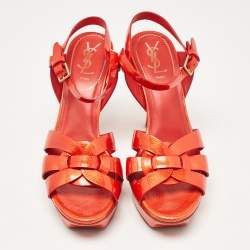 Pre Owned Yves Saint Laurent Orange Patent Leather Tribute Sandals Size 39
